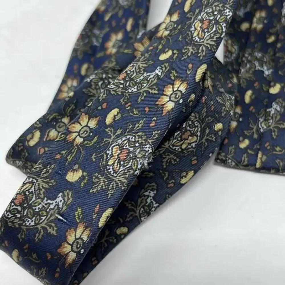 Vintage Herve Monsigny 100% Silk‎ Tie Blue Yellow Floral Print Designer Necktie